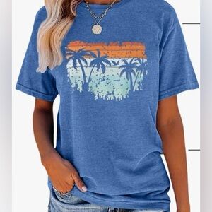 Women’s Blue Graphic T-Shirt with Palm Tree sunset Design